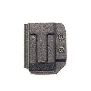 Best IWB AIWB Kydex Magazine Pouch designed to fit double stack 10mm and 45 ACP pistol magazines from Sig Sauer, Glock, FN, Walther, Ruger, Smith & Wesson. Magazine retention is adjustable with the Magazine Retention Device and a 1/8" Allen wrench. The holster will allow bullets forward & bullets back mag orientation. 