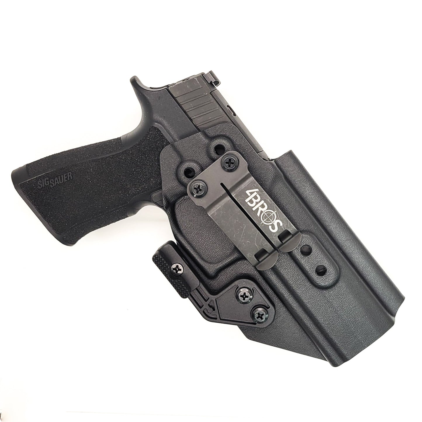 Inside Waistband IWB AIWB Kydex Taco Style Holster designed to fit the Sig Sauer P320 XTEN 10MM with the Align Tactical Thumb Rest. Full sweat guard, adjustable retention, open muzzle and profiled for a red dot sight. Proudly made in the USA for veterans and law enforcement. 10 MM P320-XTEN, P320 X Ten or P 320  XTEN.