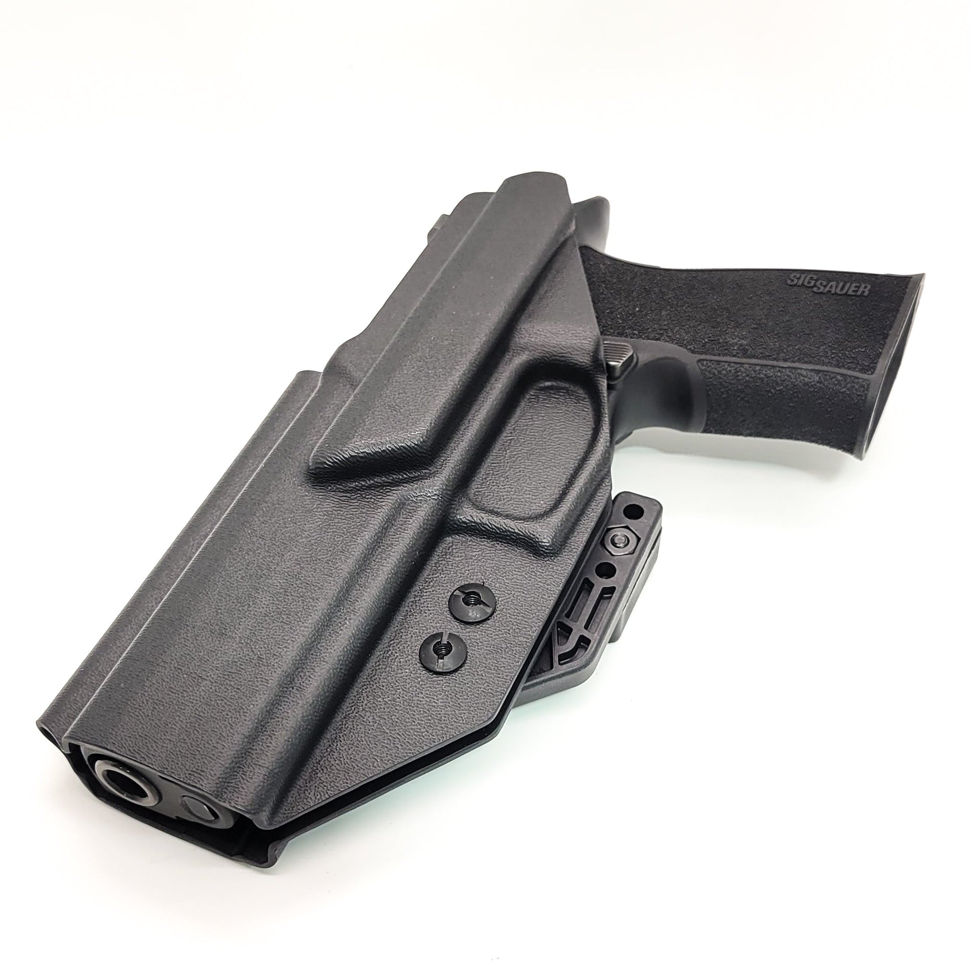 Inside Waistband IWB AIWB Kydex Taco Style Holster designed to fit the Sig Sauer P320 XTEN 10MM with the Align Tactical Thumb Rest. Full sweat guard, adjustable retention, open muzzle and profiled for a red dot sight. Proudly made in the USA for veterans and law enforcement. 10 MM P320-XTEN, P320 X Ten or P 320  XTEN.