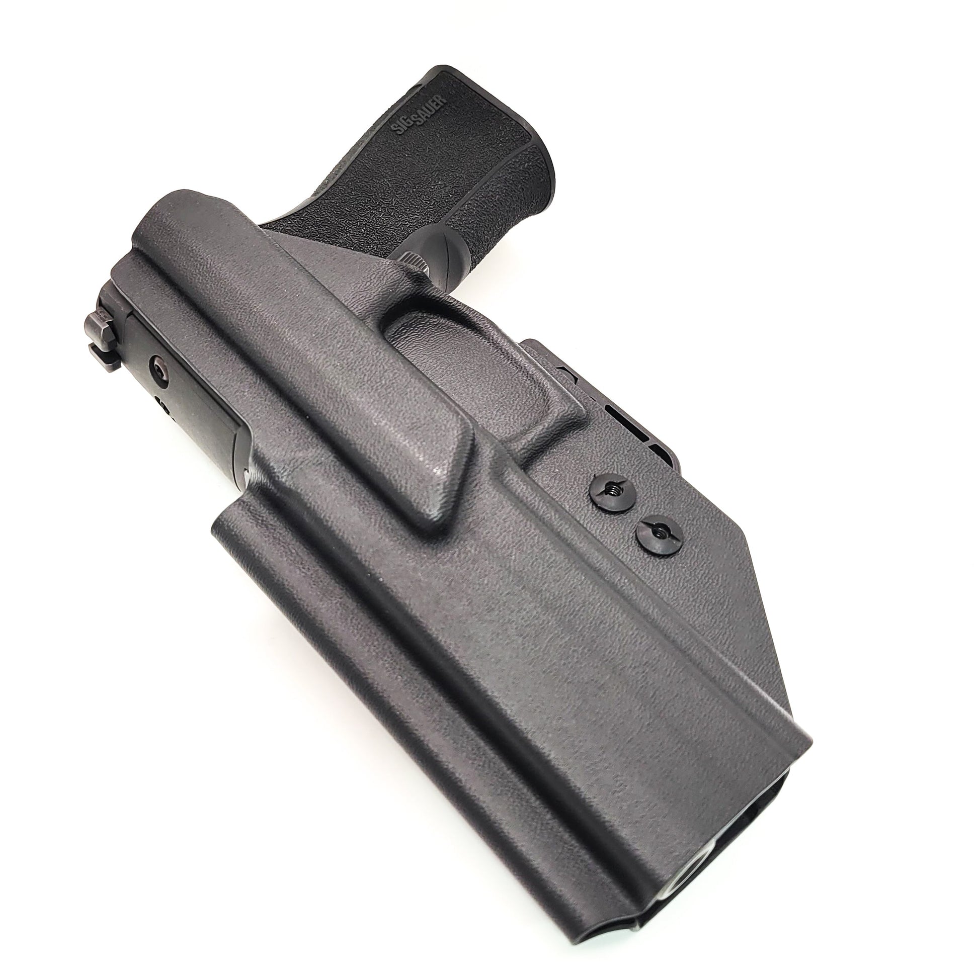 Inside Waistband IWB AIWB Kydex Taco Style Holster designed to fit the Sig Sauer P320 XTEN 10MM with the Align Tactical Thumb Rest. Full sweat guard, adjustable retention, open muzzle and profiled for a red dot sight. Proudly made in the USA for veterans and law enforcement. 10 MM P320-XTEN, P320 X Ten or P 320  XTEN.