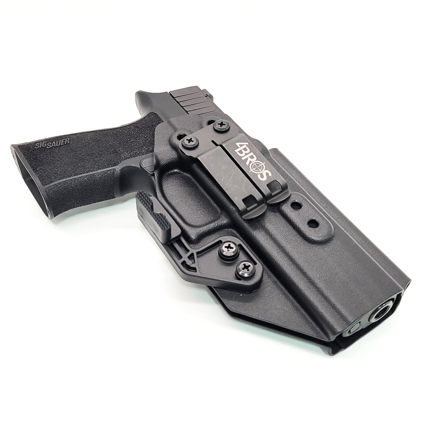 Inside Waistband IWB AIWB Kydex Taco Style Holster designed to fit the Sig Sauer P320 XTEN 10MM with the Align Tactical Thumb Rest. Full sweat guard, adjustable retention, open muzzle and profiled for a red dot sight. Proudly made in the USA for veterans and law enforcement. 10 MM P320-XTEN, P320 X Ten or P 320  XTEN.