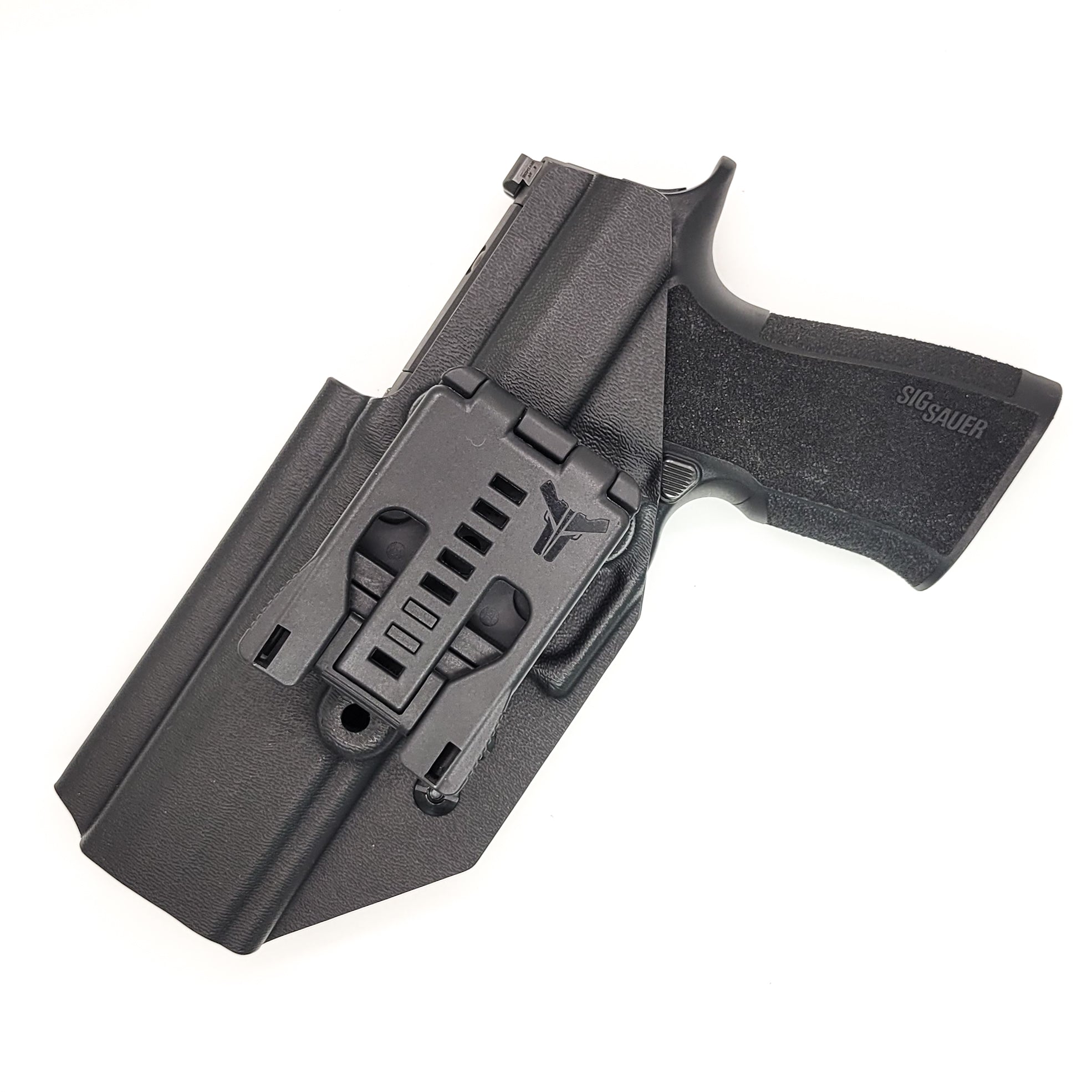 Outside Waistband OWB Kydex Taco Style Holster designed to fit the Sig Sauer 10MM with the Align Tactical Thumb Rest.  Full sweat guard, adjustable retention, open muzzle and profiled for a red dot sight. Proudly made in the USA for veterans and law enforcement. 10 MM P320-XTEN, P320 X Ten or P 320  XTEN.