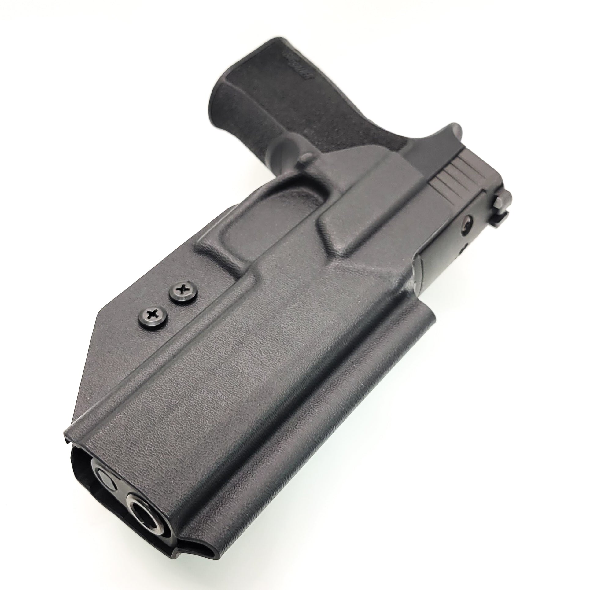 Outside Waistband OWB Kydex Taco Style Holster designed to fit the Sig Sauer 10MM with the GoGunsUSA Gas Pedal.  Full sweat guard, adjustable retention, open muzzle and profiled for a red dot sight. Proudly made in the USA for veterans and law enforcement. 10 MM P320-XTEN, P320 X Ten or P 320  XTEN.