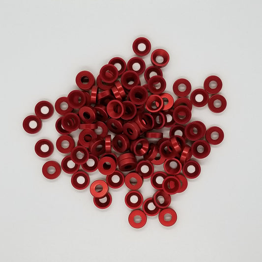 #8 Aluminum Finish Washer, Red Anodized per military specs Machined washer, not stamped Chamfer cut specifically for a standard #8 flat head cap screw 