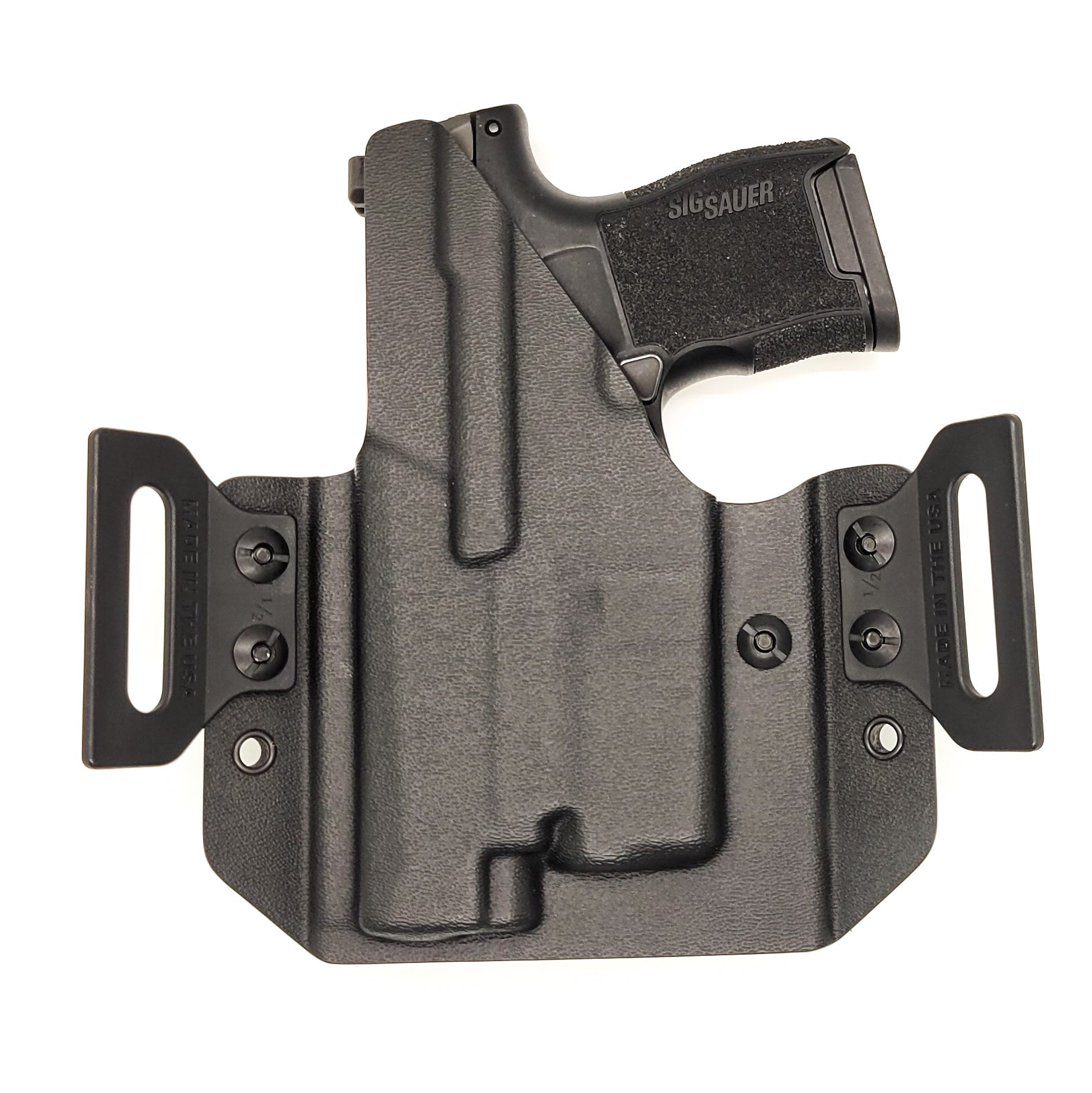 Pancake style outside waistband holster designed to fit the Sig Sauer P365, P365 SAS, and P365XL pistols with the Streamlight light TLR-6. Made in the USA