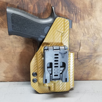 For the best Outside Waistband OWB Holster for the Sig Sauer Carry, Compact, and M18 P320 series pistols & Olight PL-Mini 2 shop Four Brothers 4BROS Holsters.