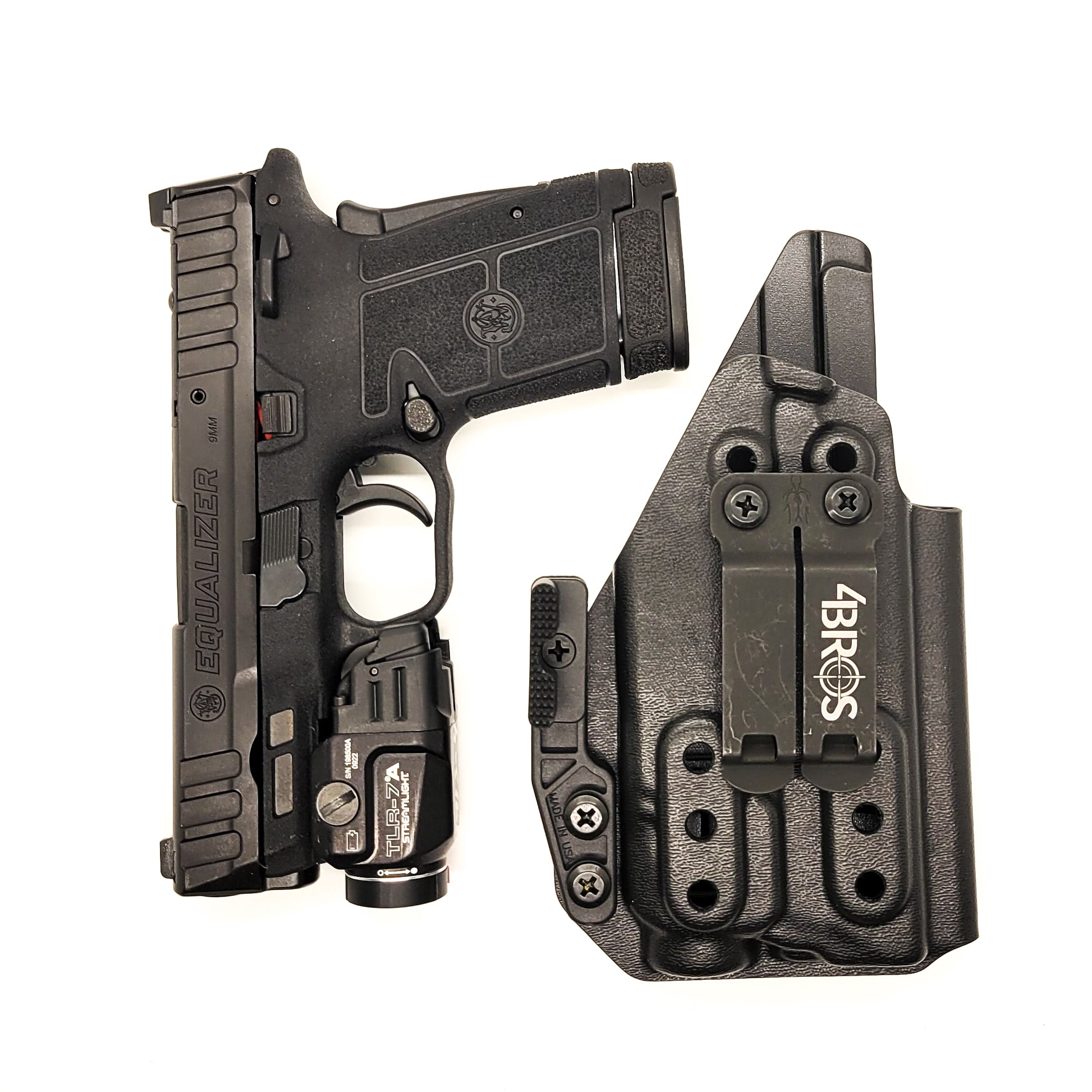For the best Inside Waistband IWB AIWB Kydex holster for the Smith & Wesson EQUALIZER & Streamlight TLR-7 X or TLR-7 A, shop Four Brothers 4BROS holsters.