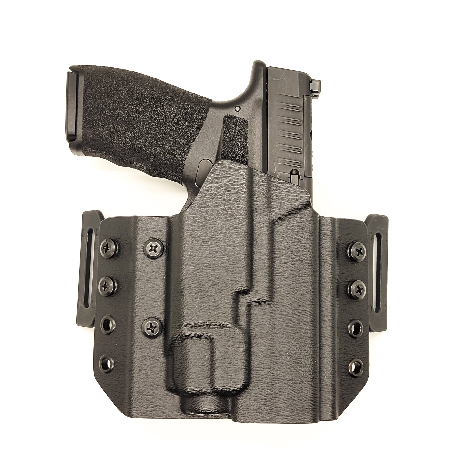 OWB Kydex holster for the Springfield Hellcat Pro with TLR-8 X & TLR-8 A. Pancake holster, adjustable retention, open muzzle, optic/red dot ready. Made in USA.