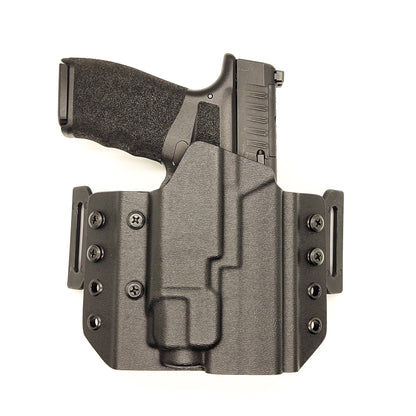 OWB Kydex holster for the Springfield Hellcat Pro with TLR-8 X & TLR-8 A. Pancake holster, adjustable retention, open muzzle, optic/red dot ready. Made in USA.