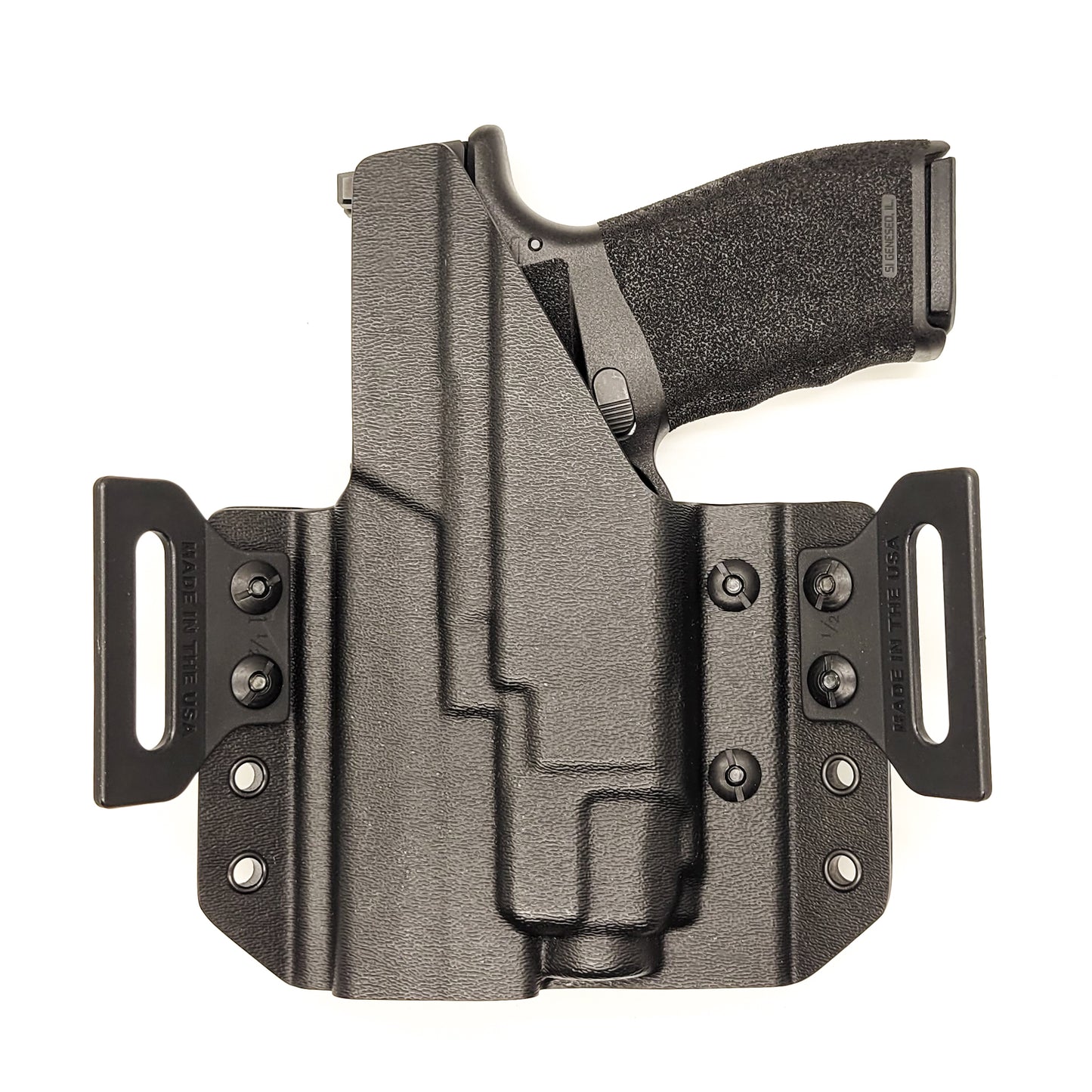 OWB Kydex holster for the Springfield Hellcat Pro with TLR-8 X & TLR-8 A. Pancake holster, adjustable retention, open muzzle, optic/red dot ready. Made in USA.