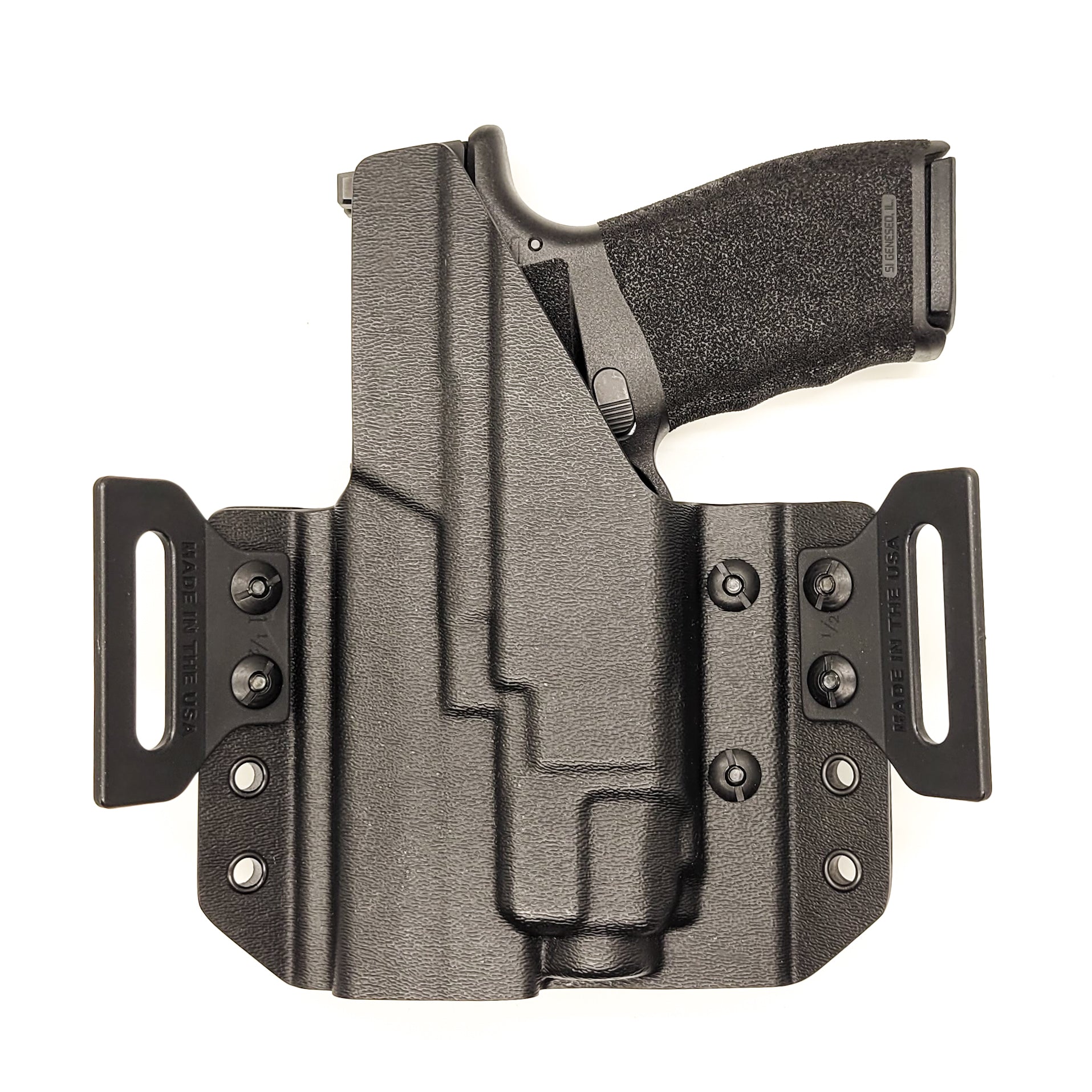 OWB Kydex holster for the Springfield Hellcat Pro with TLR-8 X & TLR-8 A. Pancake holster, adjustable retention, open muzzle, optic/red dot ready. Made in USA.