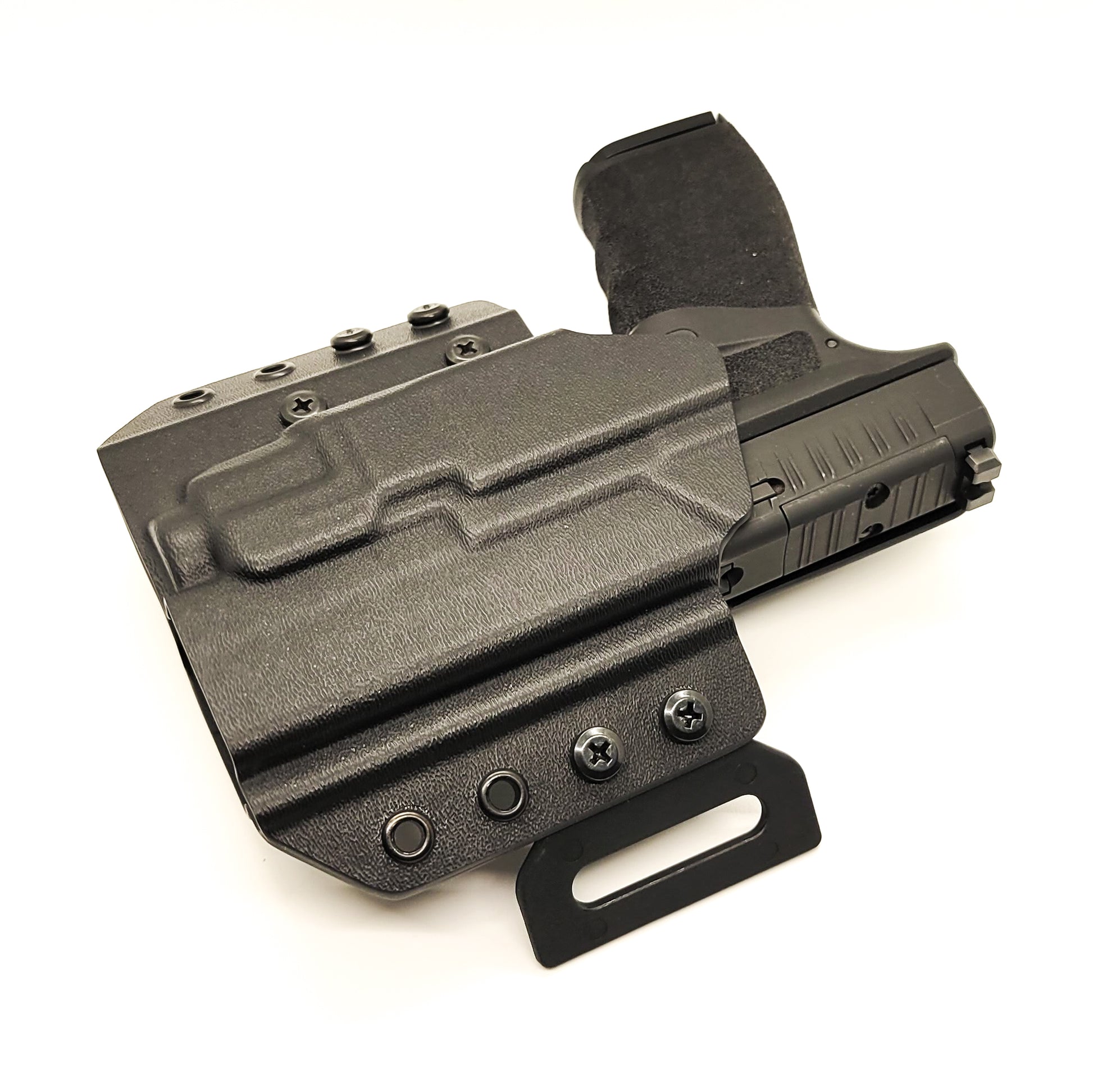 OWB Kydex holster for the Springfield Hellcat Pro with TLR-8 X & TLR-8 A. Pancake holster, adjustable retention, open muzzle, optic/red dot ready. Made in USA.
