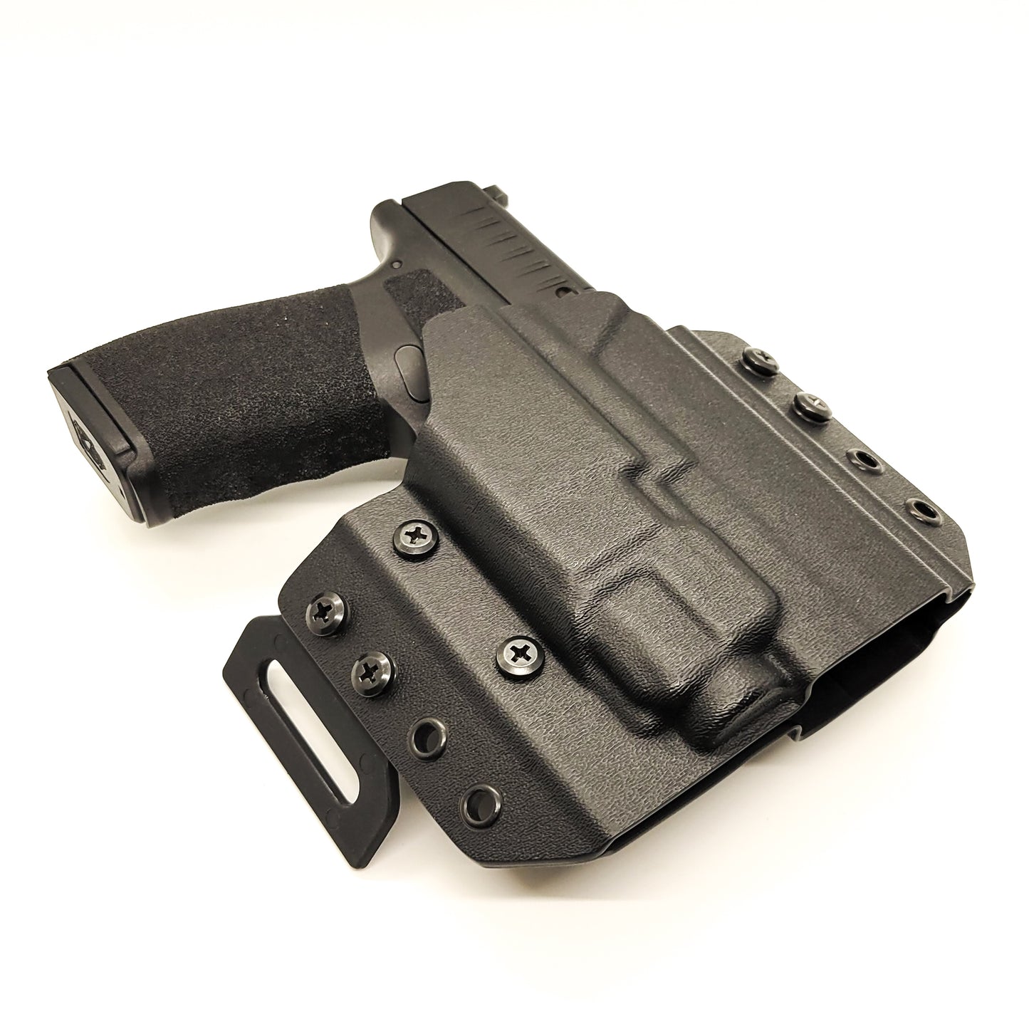 OWB Kydex holster for the Springfield Hellcat Pro with TLR-8 X & TLR-8 A. Pancake holster, adjustable retention, open muzzle, optic/red dot ready. Made in USA.