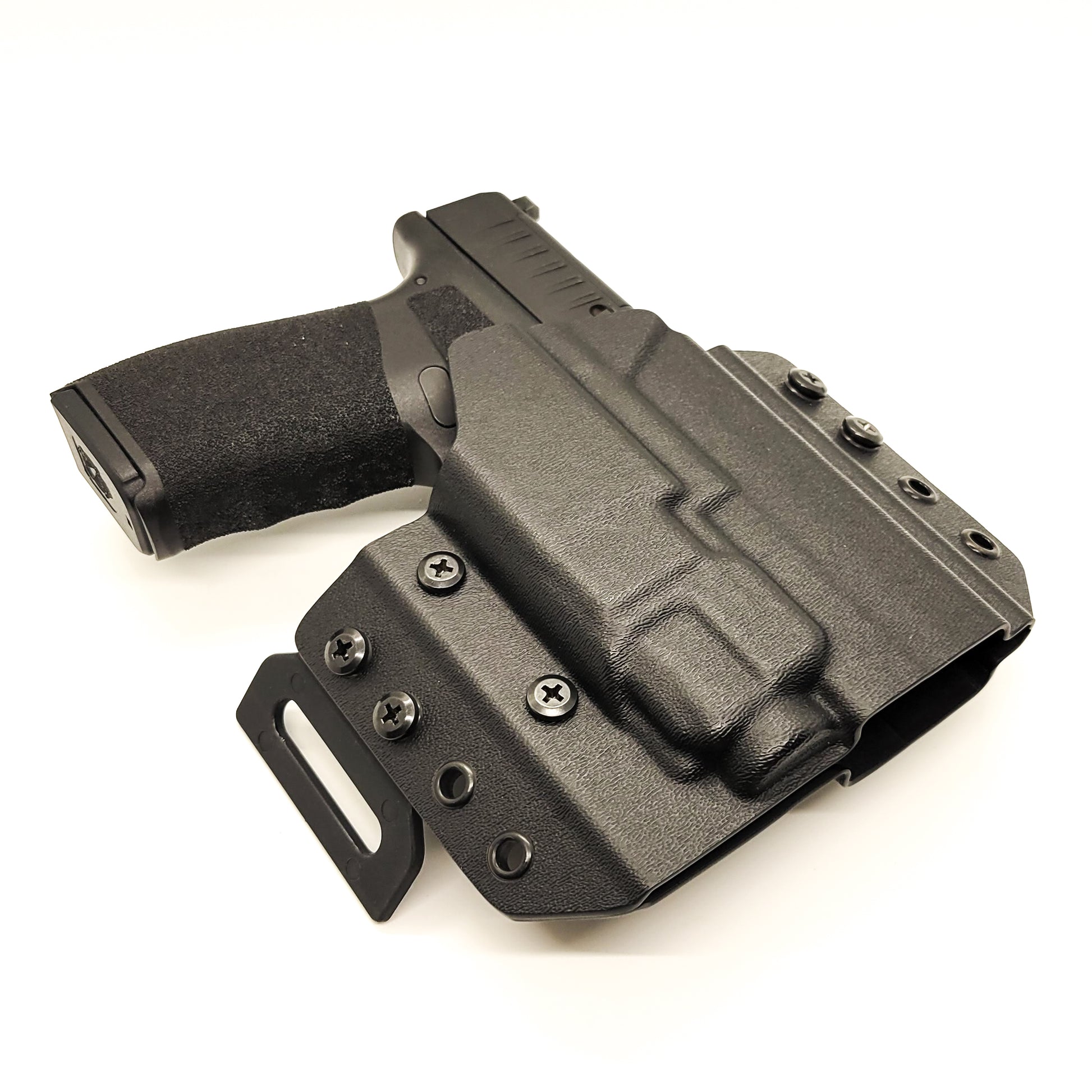 OWB Kydex holster for the Springfield Hellcat Pro with TLR-8 X & TLR-8 A. Pancake holster, adjustable retention, open muzzle, optic/red dot ready. Made in USA.