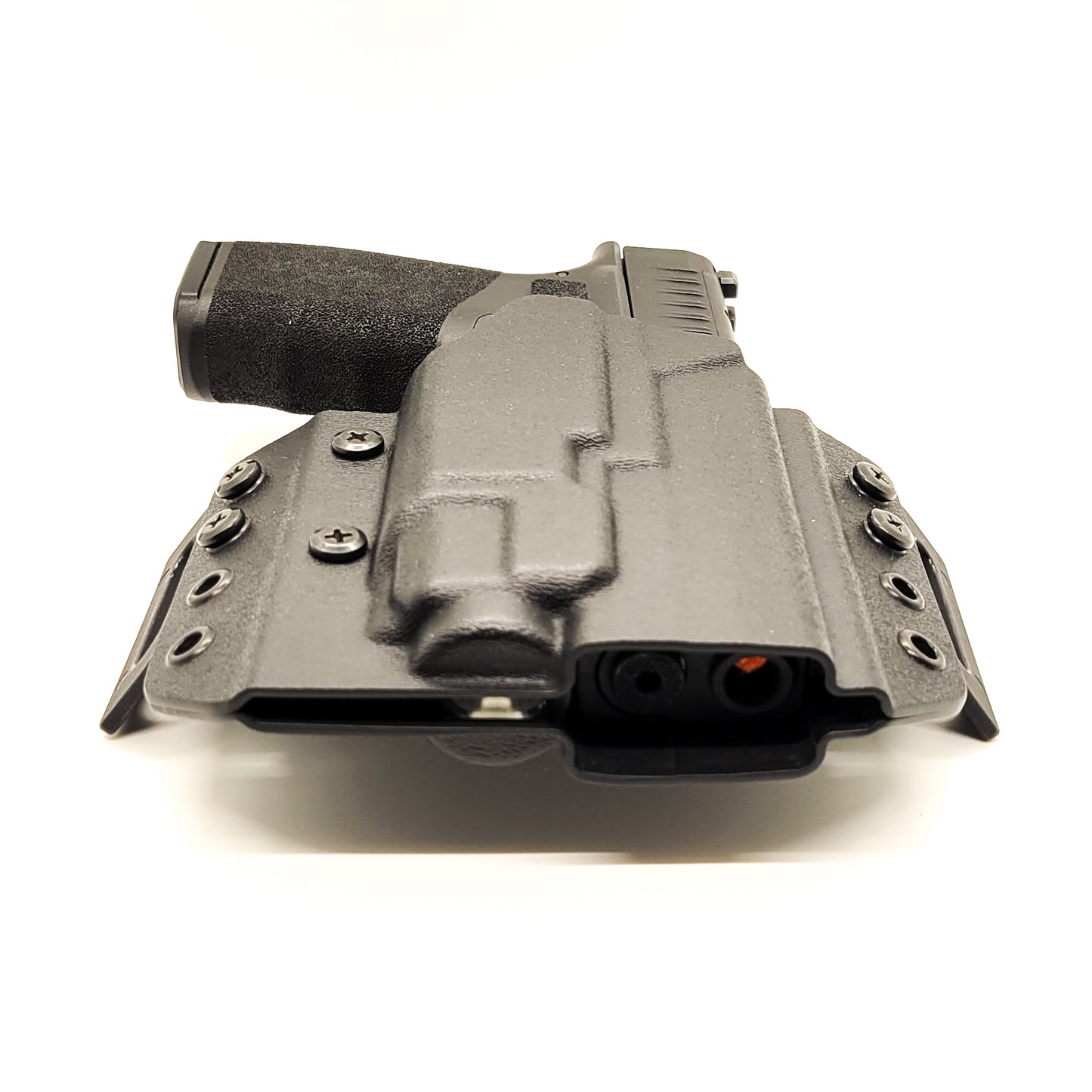 OWB Kydex holster for the Springfield Hellcat Pro with TLR-8 X & TLR-8 A. Pancake holster, adjustable retention, open muzzle, optic/red dot ready. Made in USA.