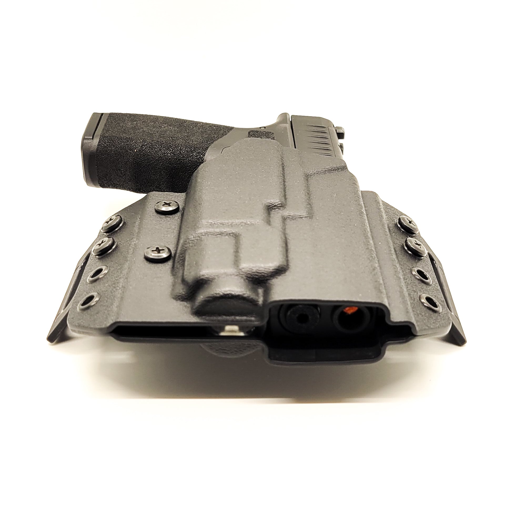 OWB Kydex holster for the Springfield Hellcat Pro with TLR-8 X & TLR-8 A. Pancake holster, adjustable retention, open muzzle, optic/red dot ready. Made in USA.