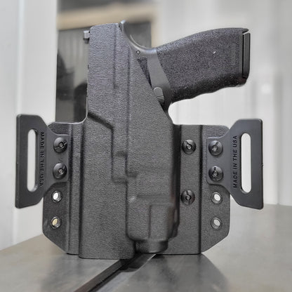 OWB Kydex holster for the Springfield Hellcat Pro with TLR-8 X & TLR-8 A. Pancake holster, adjustable retention, open muzzle, optic/red dot ready. Made in USA.